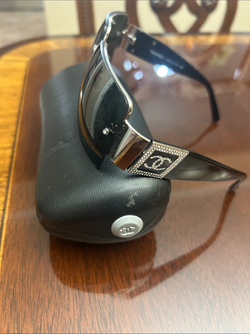 CHANEL Black Men’s Shield Sunglasses with Logo Accent